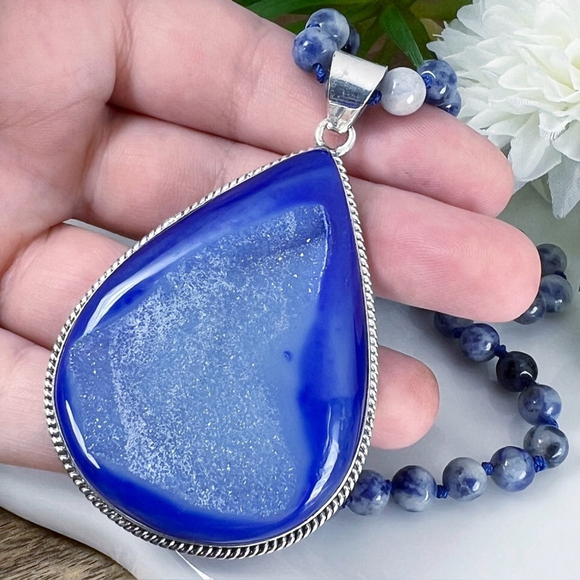 Southwest Jewelry - Blue Onyx Druzy Pendant Sodalite Chain Southwest Sterling Silver 925 Filled